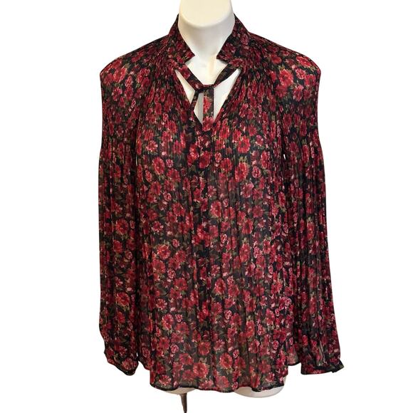 Ralph Lauren Crinkle Floral Sheer Blouse sz S Long Sleeve Tie - Picture 1 of 9